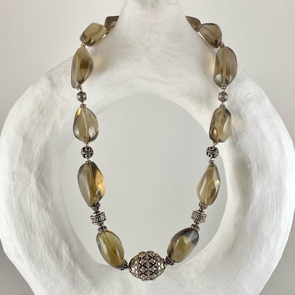 New Smoky Quartz Sterling Silver Beaded Necklace